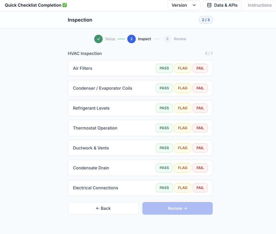 UpKeep digital inspection checklist showing an HVAC inspection with pass, flag, and fail options for each item